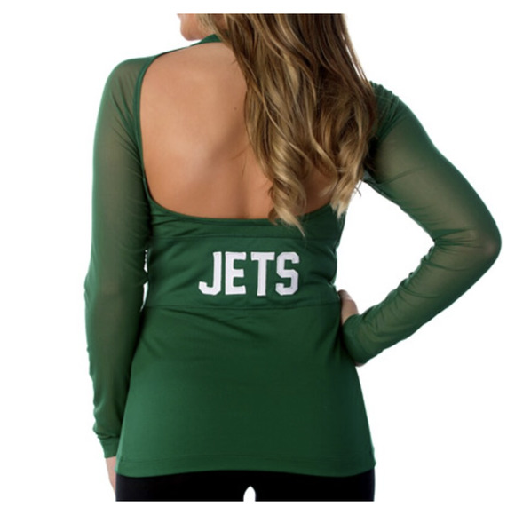 NEW YORK JETS Womens L Mesh Sleeve V-Neck Halter Padded Bra Game Day Shirt Top - Picture 3 of 5